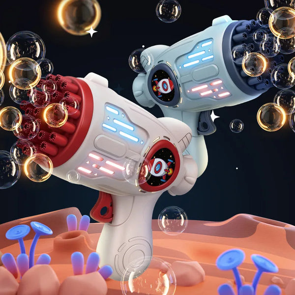 A white astronaut bubble gun is firing bubbles against a dark background, surrounded by glowing spheres.