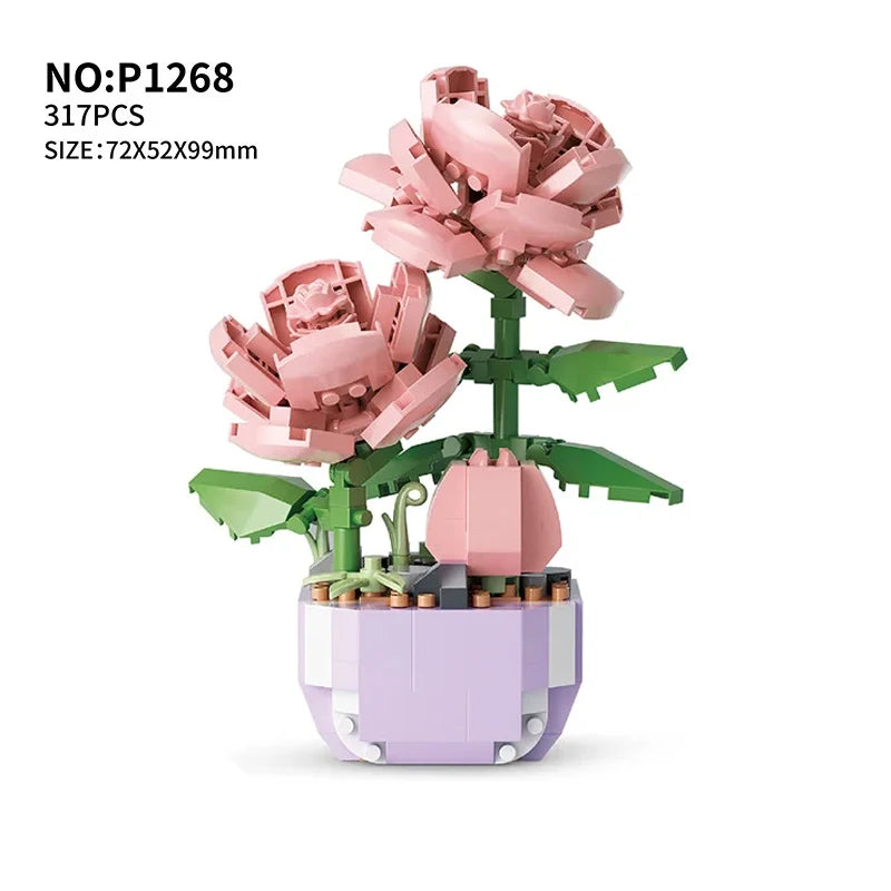 Pink floral bouquet building block set with green stems and purple base