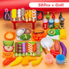 A colorful set of 58 pieces of food items including fruits vegetables and meats for a mini barbecue pretend play kitchen set