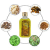 A diagram showing the components of Moxibustion Body Massage Oil, including dried herbs, oil, and plant material.