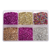 A clear plastic container filled with various colors of crushed glass stones for resin and craft projects.