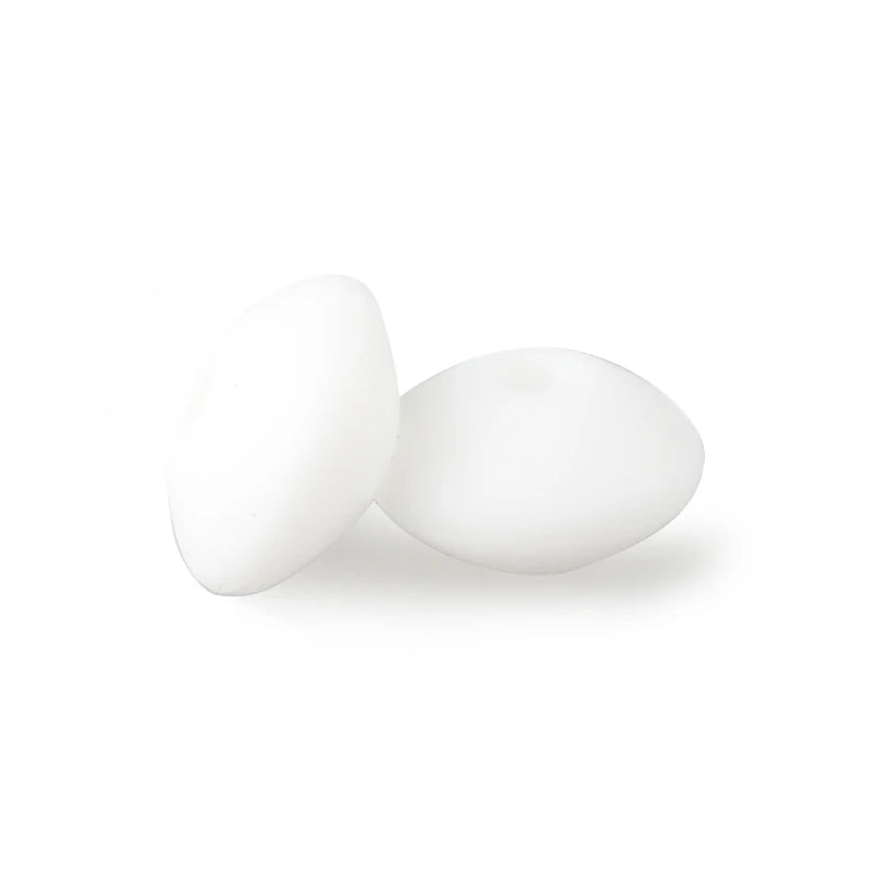 Two smooth, white silicone lentil beads shaped like an abacus for jewelry making.