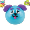 A bright blue moldable dog face squishy toy with purple ears and black facial features.