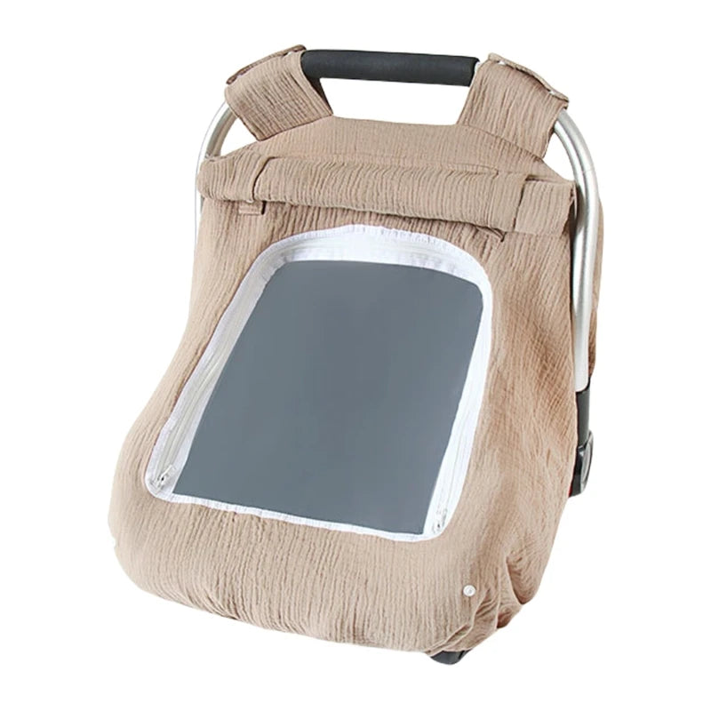 A beige breathable baby car seat cover featuring a sun shade and mosquito net.