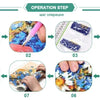 Step-by-step process showing the creation of a diamond painting artwork using various colored beads and a tool.