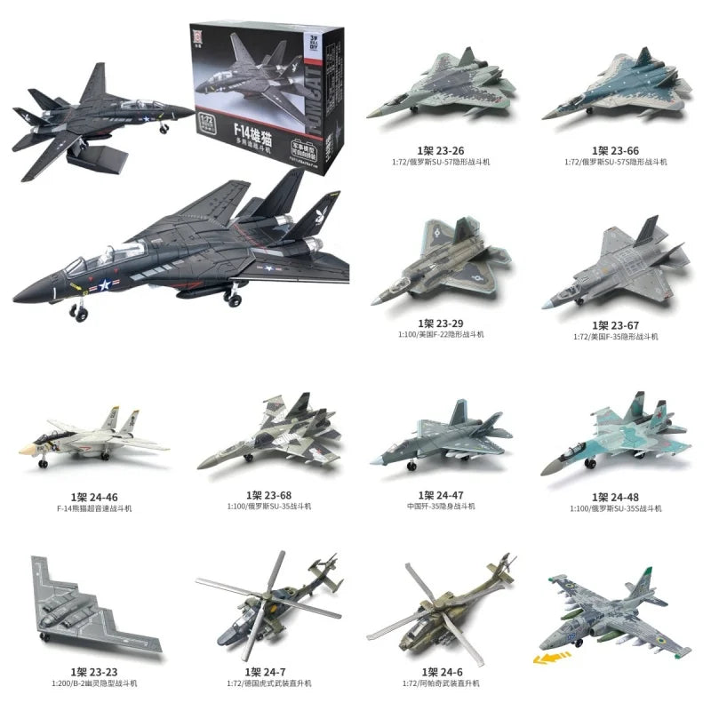A collection of plastic building blocks and kits depicting various military aircraft models.