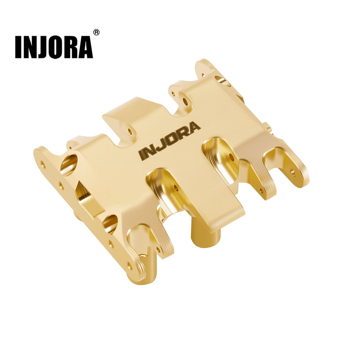 A brass skid plate for an INJORA SCX30 RC crawler, featuring a textured surface and mounting points.