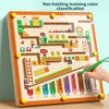 A wooden maze toy for color classification and counting, featuring colored pegs and pathways.