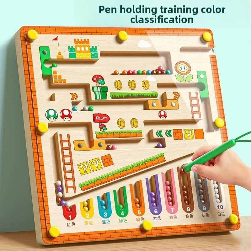 A wooden maze toy for color classification and counting, featuring colored pegs and pathways.