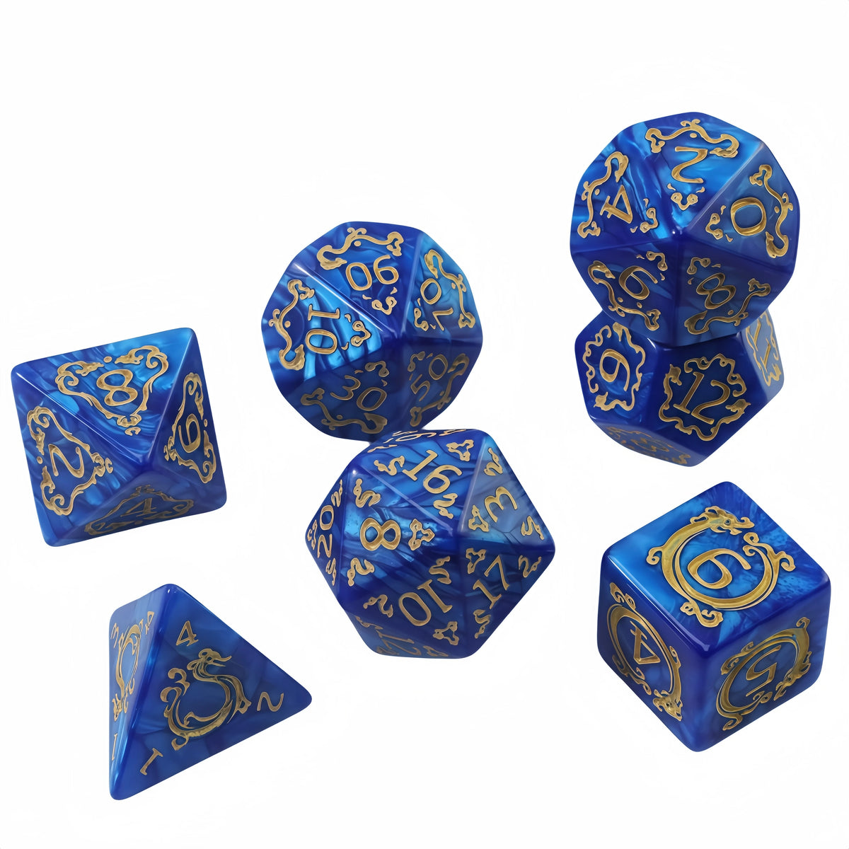 A set of blue dice with gold accents, including a d12 and d20 polyhedral dice.
