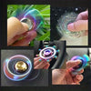 A collection of colorful metal fidget spinners shown in various angles and contexts.