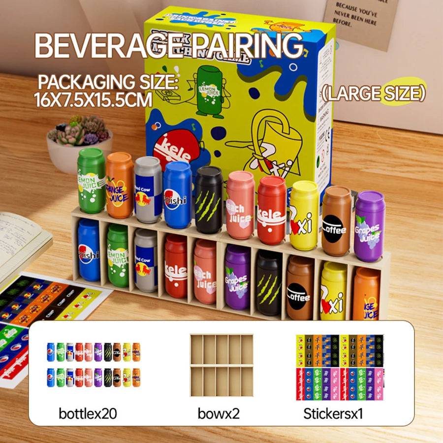 A large box of beverage pairing items with various juice bottles and stickers for a memory matching game