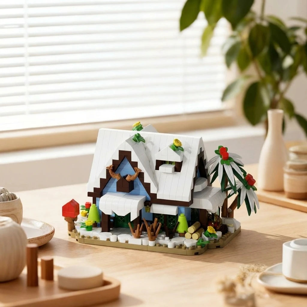 A miniature forest cabin building block set featuring a house, greenhouse, and windmill on a wooden base.