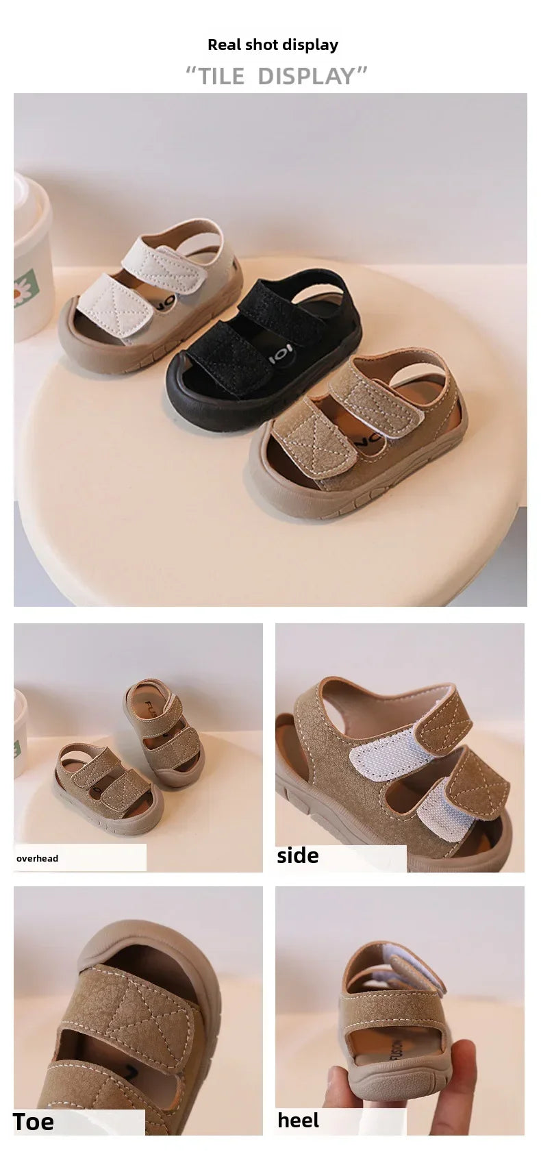 A set of tan and black soft-soled sandals displayed from overhead, side, toe, and heel angles.