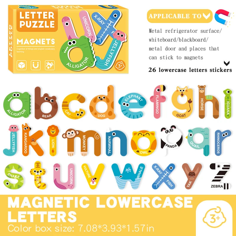 A box of magnetic lowercase letters and uppercase letters for a puzzle featuring animals and letters.