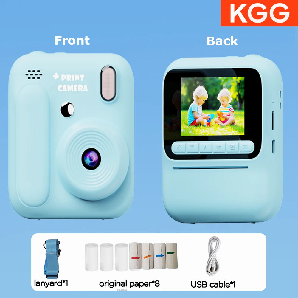 Front and back views of a light blue instant print camera with accessories like a lanyard, paper, and USB cable.
