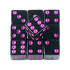 A set of ten vibrant pink acrylic six-sided dice arranged in a grid.