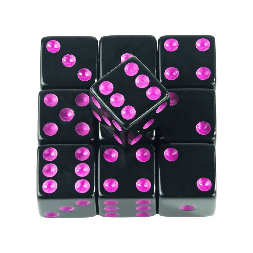 A set of ten vibrant pink acrylic six-sided dice arranged in a grid.