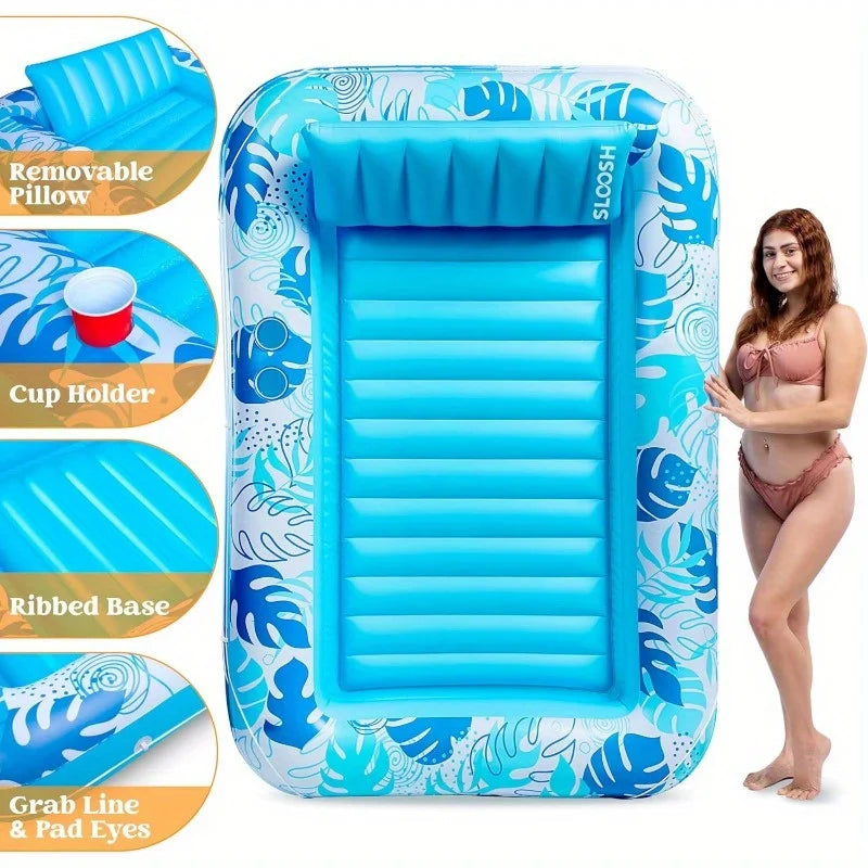 Extra Large Inflatable Suntan Float with removable pillow, cup holder, ribbed base, and grab line.
