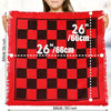 A red and black checkered rug for a game featuring 26 pieces, measuring 66cm by 26 inches.