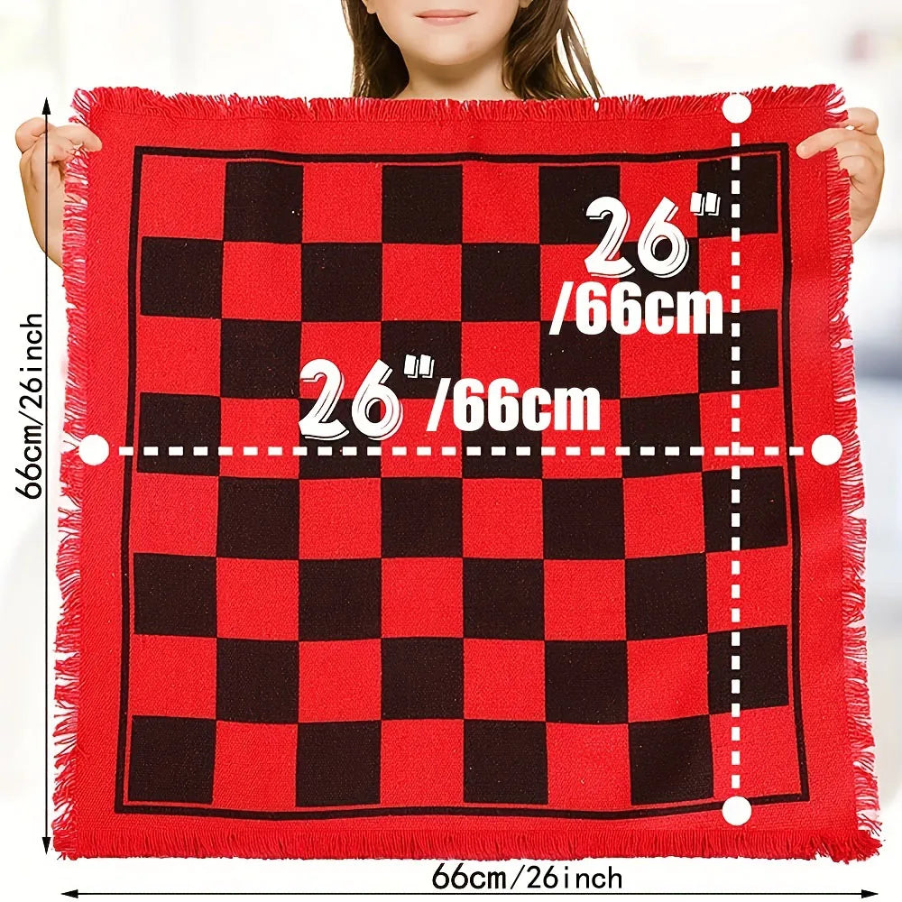 A red and black checkered rug for a game featuring 26 pieces, measuring 66cm by 26 inches.