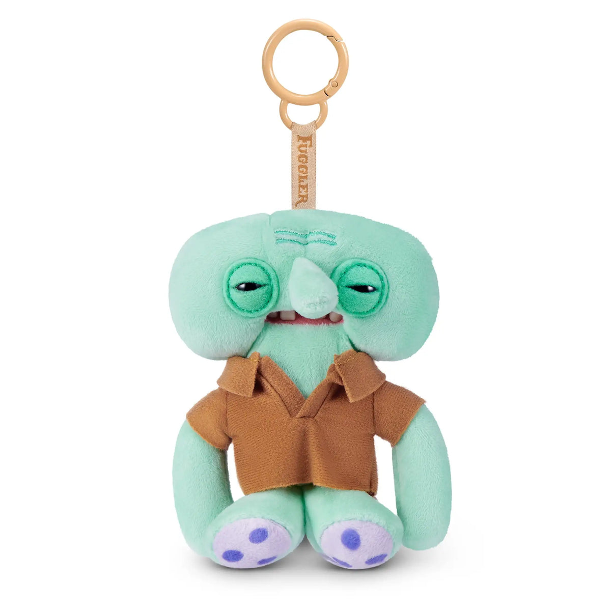 A light green plush monster with large eyes and brown clothing attached to a gold-colored keychain ring.