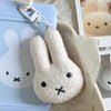 A fluffy white rabbit keychain pendant with black facial features is displayed against a light blue background.