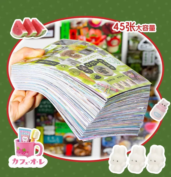 A stack of retro K-Pop themed decorative stickers is shown next to various stationery items and food products.