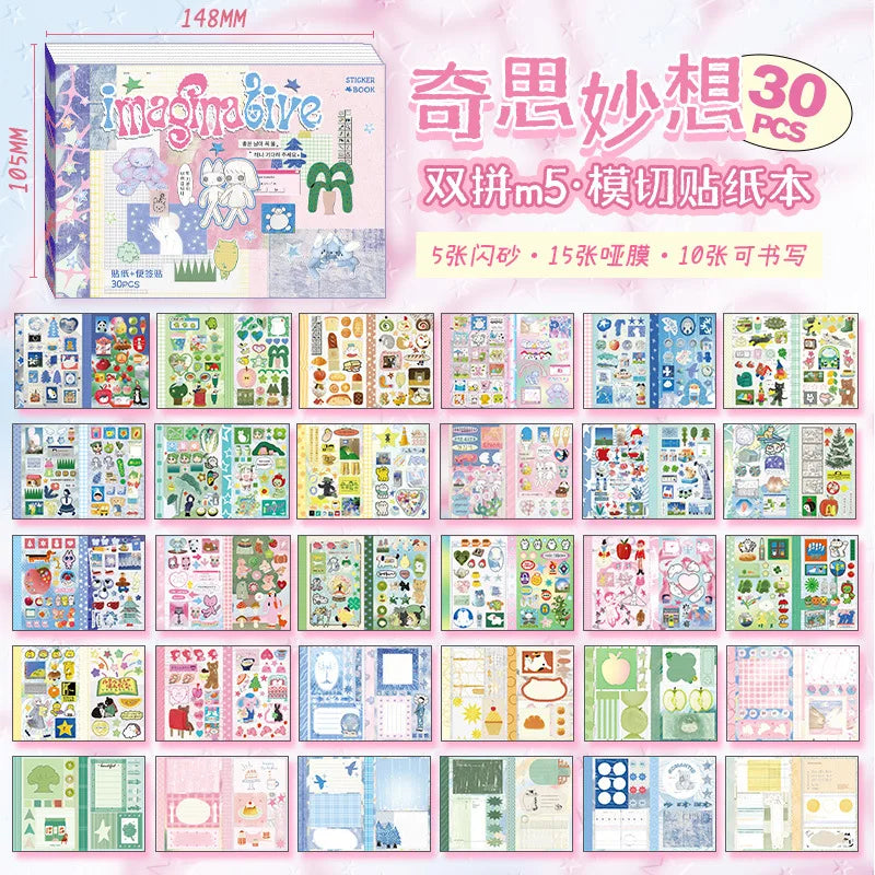 A collection of 30 kawaii cartoon stickers and writable notes for DIY scrapbooking, featuring various themes and designs.