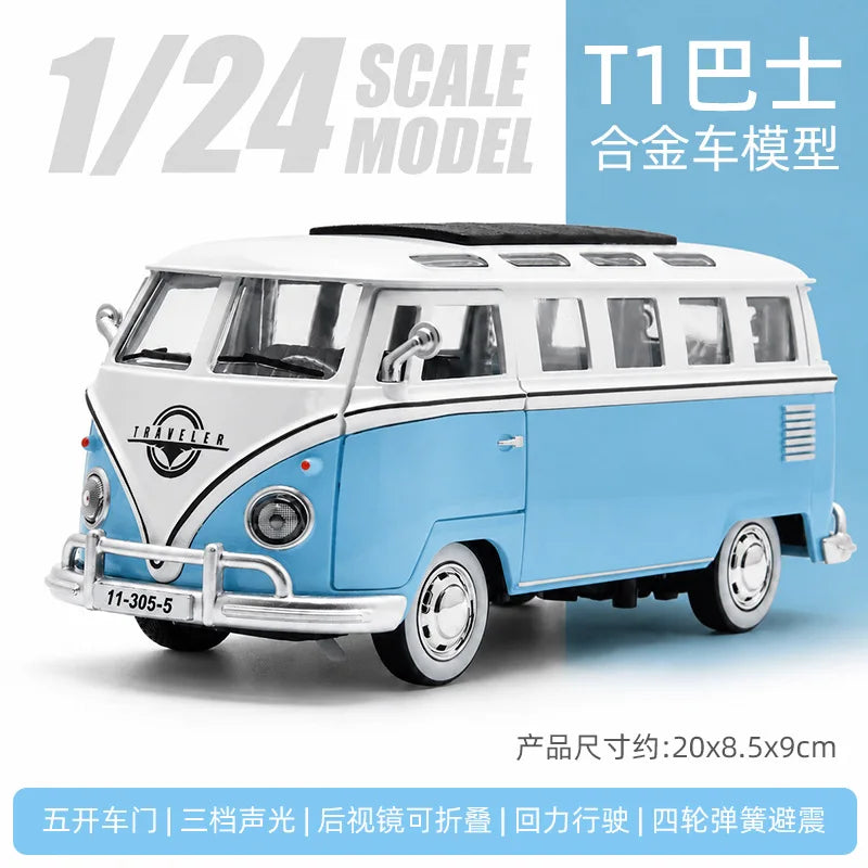 1/24 scale model of a light blue vintage bus, featuring pull-back action and detailed features.