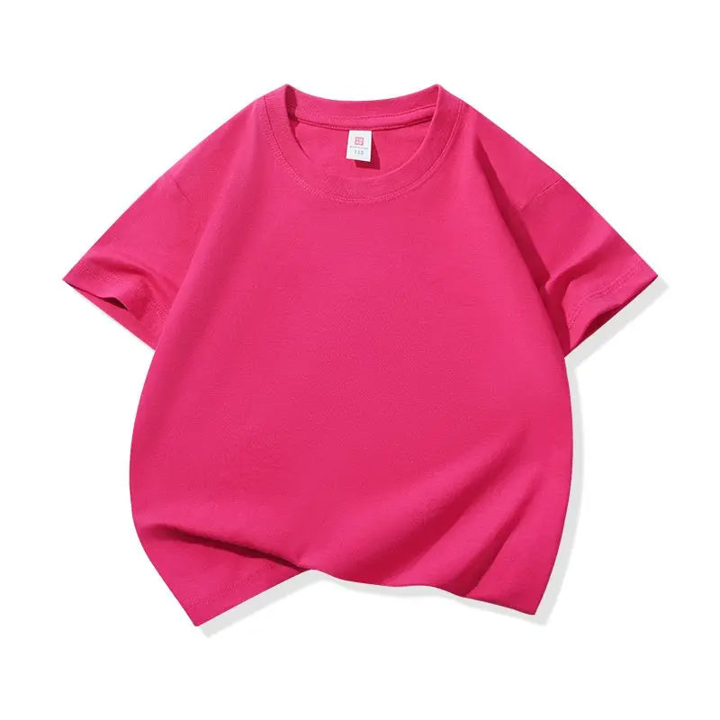 A bright pink classic cotton crew neck t-shirt for kids shown flat lay.