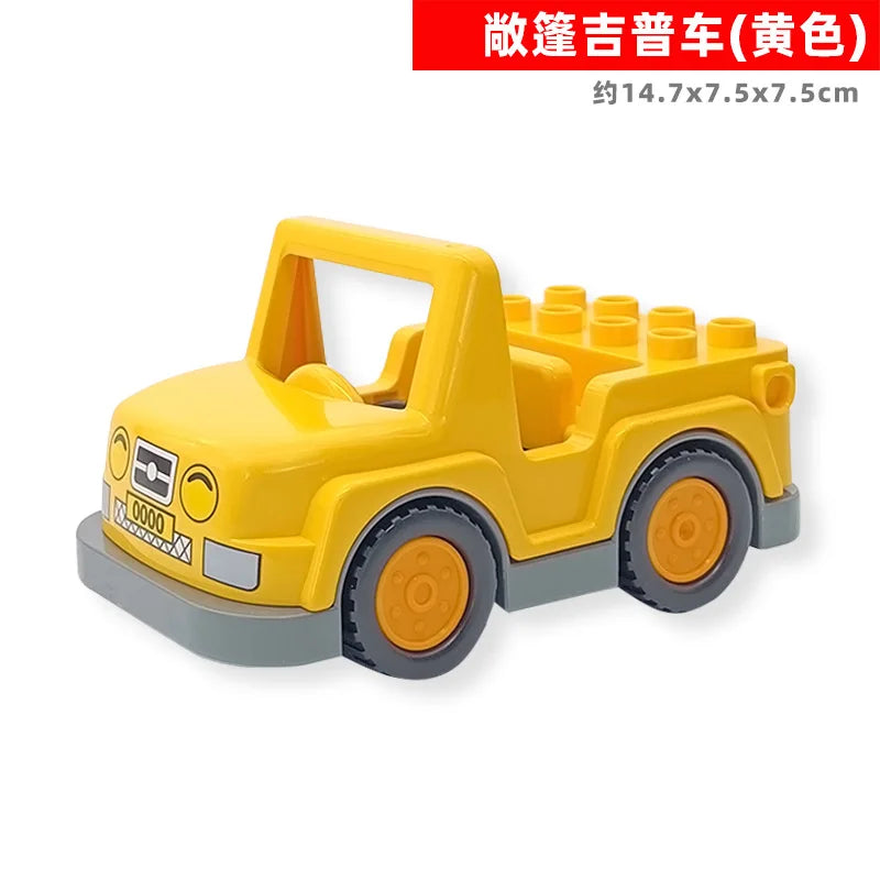 Yellow city traffic building block set featuring vehicles and a trailer