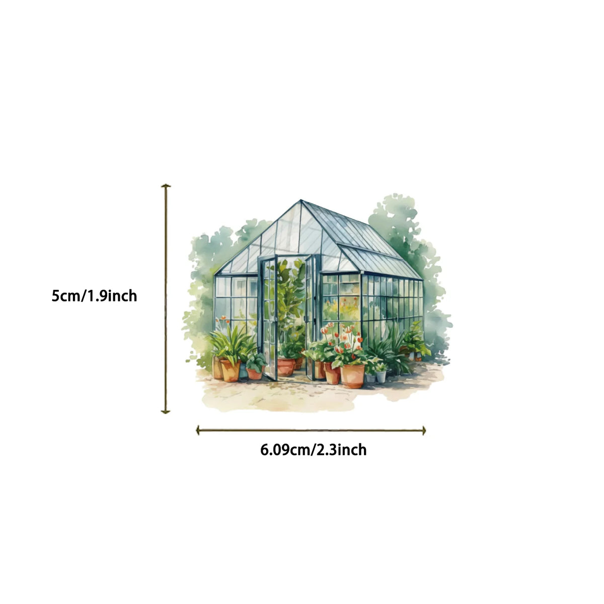 A transparent greenhouse structure filled with various potted plants and greenery.