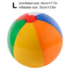 A colorful inflatable beach ball with a rainbow design, showing both inflated and uninflated sizes.