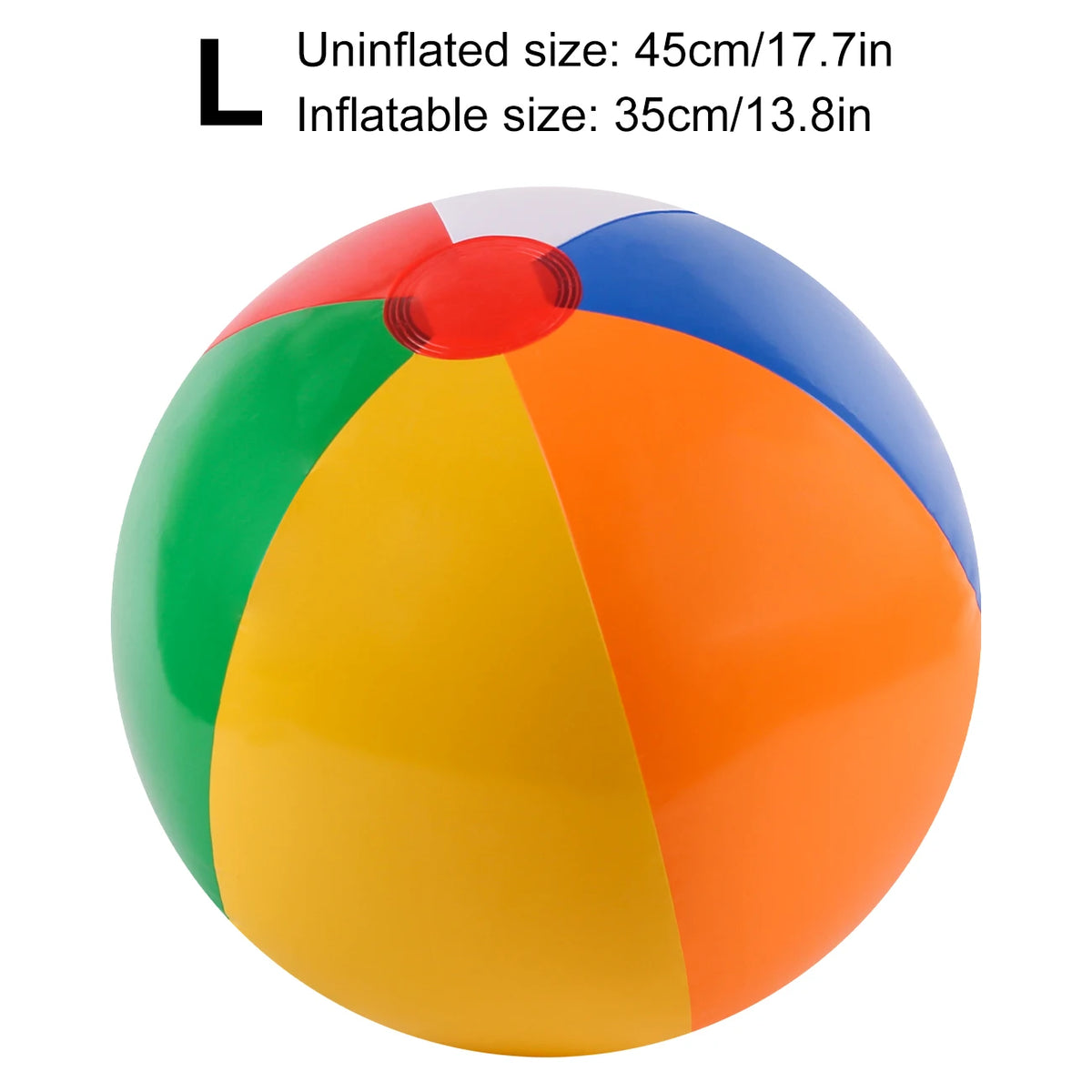 A colorful inflatable beach ball with a rainbow design, showing both inflated and uninflated sizes.