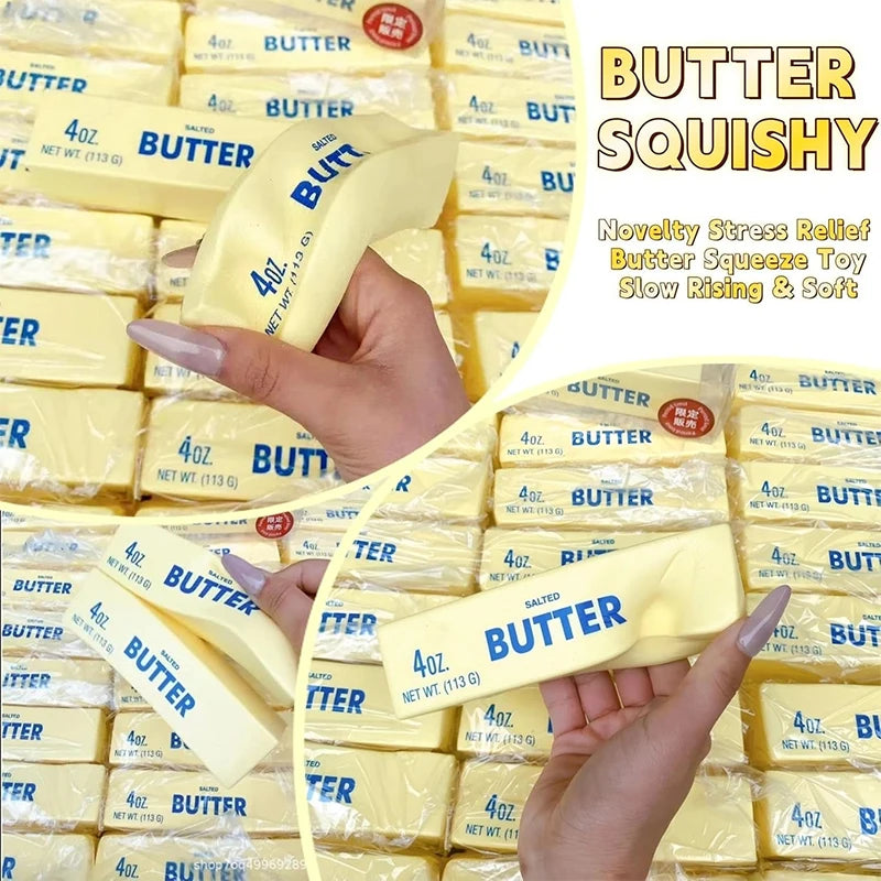 Yellow butter sticks squishy toy for stress relief stacked in packaging