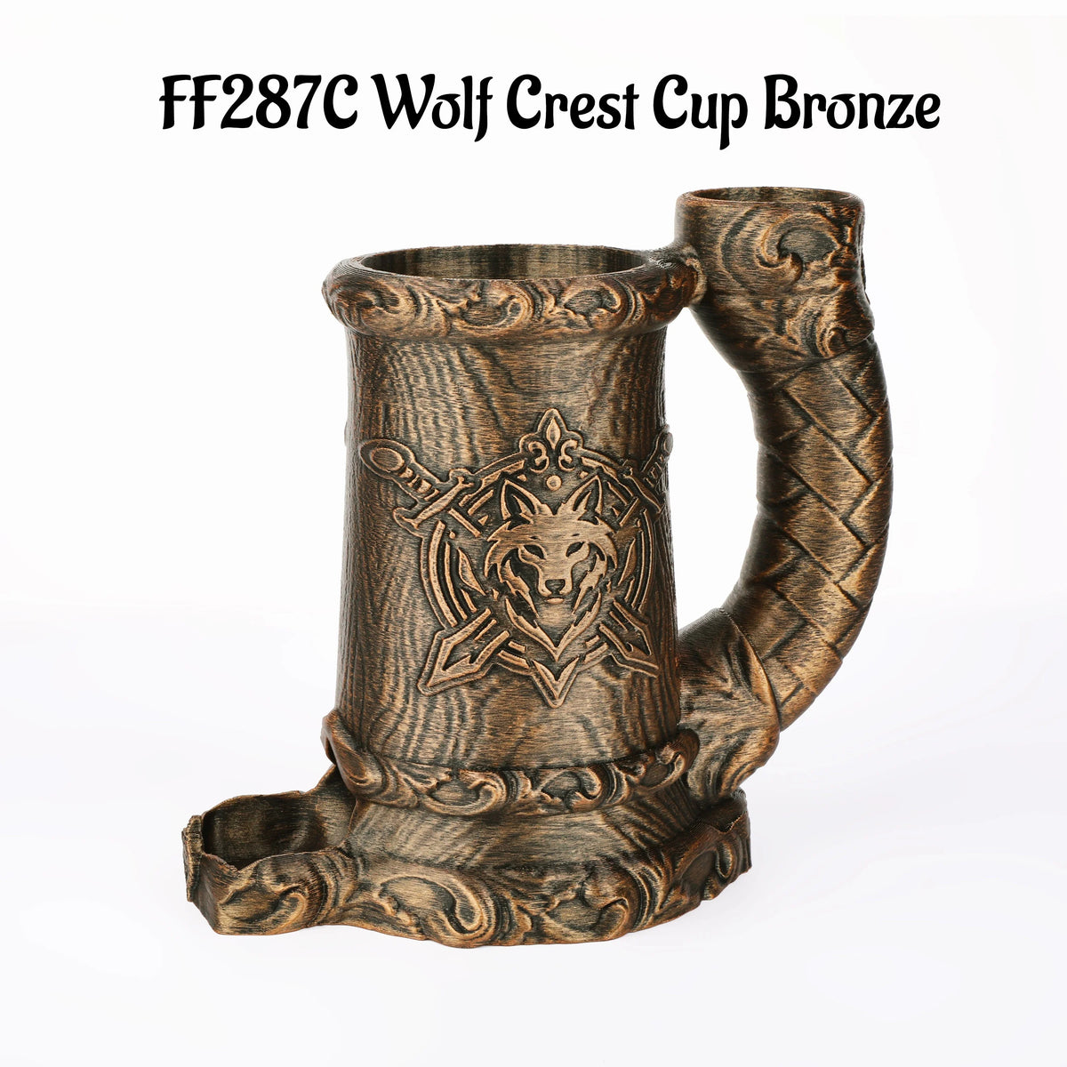 Bronze wolf crest cup mug for tabletop RPGs featuring an intricate design