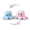 Two soft plush octopus toys, one light blue and one pink, are shown with arrows indicating a flip or change.