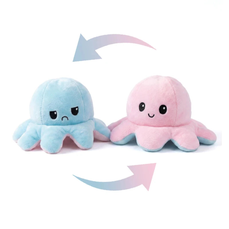 Two soft plush octopus toys, one light blue and one pink, are shown with arrows indicating a flip or change.