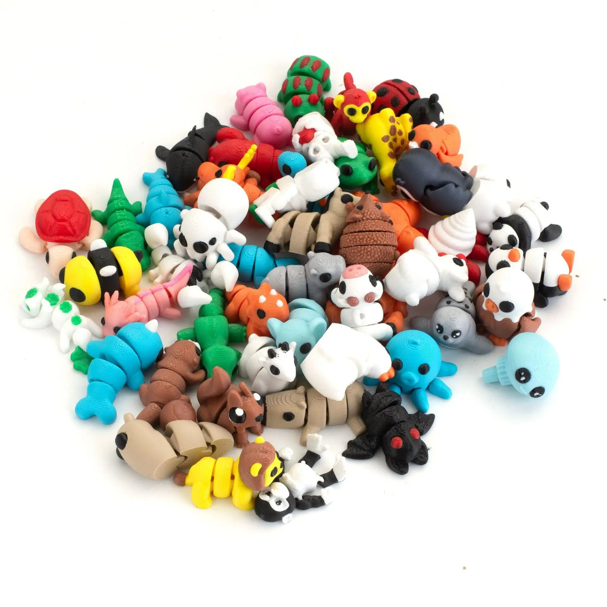 A colorful set of poseable 3D printed animal figurine toys featuring various animals like bears, cats, and birds.