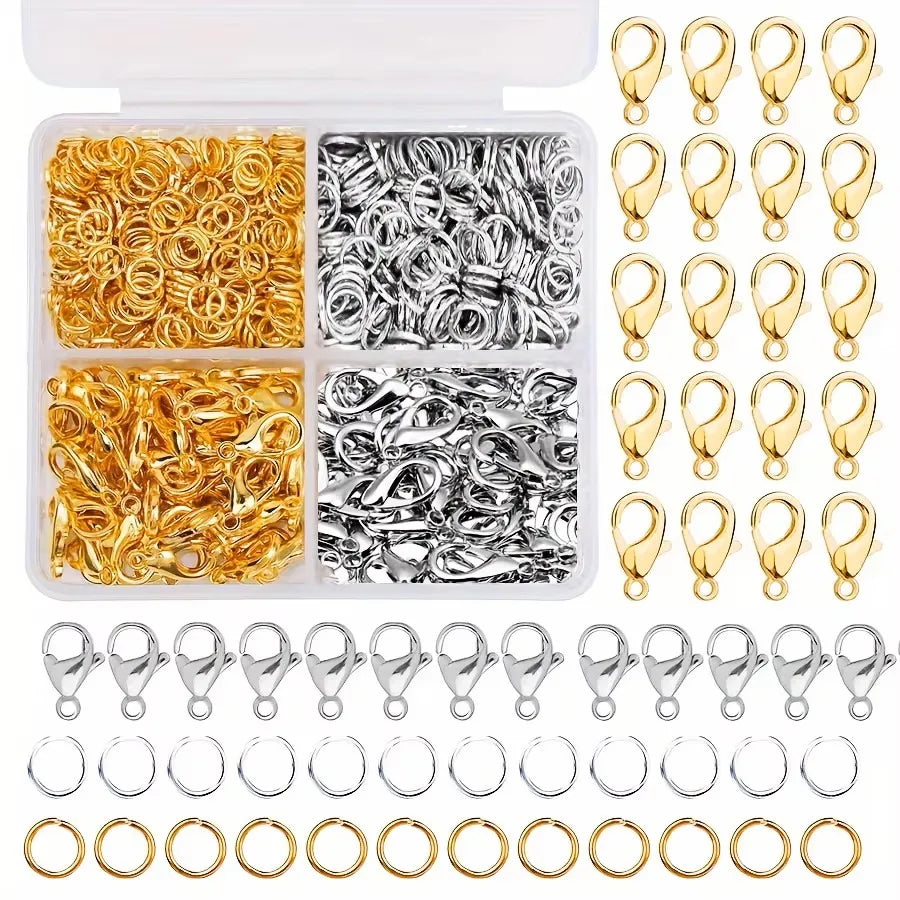 Assortment of gold and silver lobster clasps and open jump rings for jewelry making