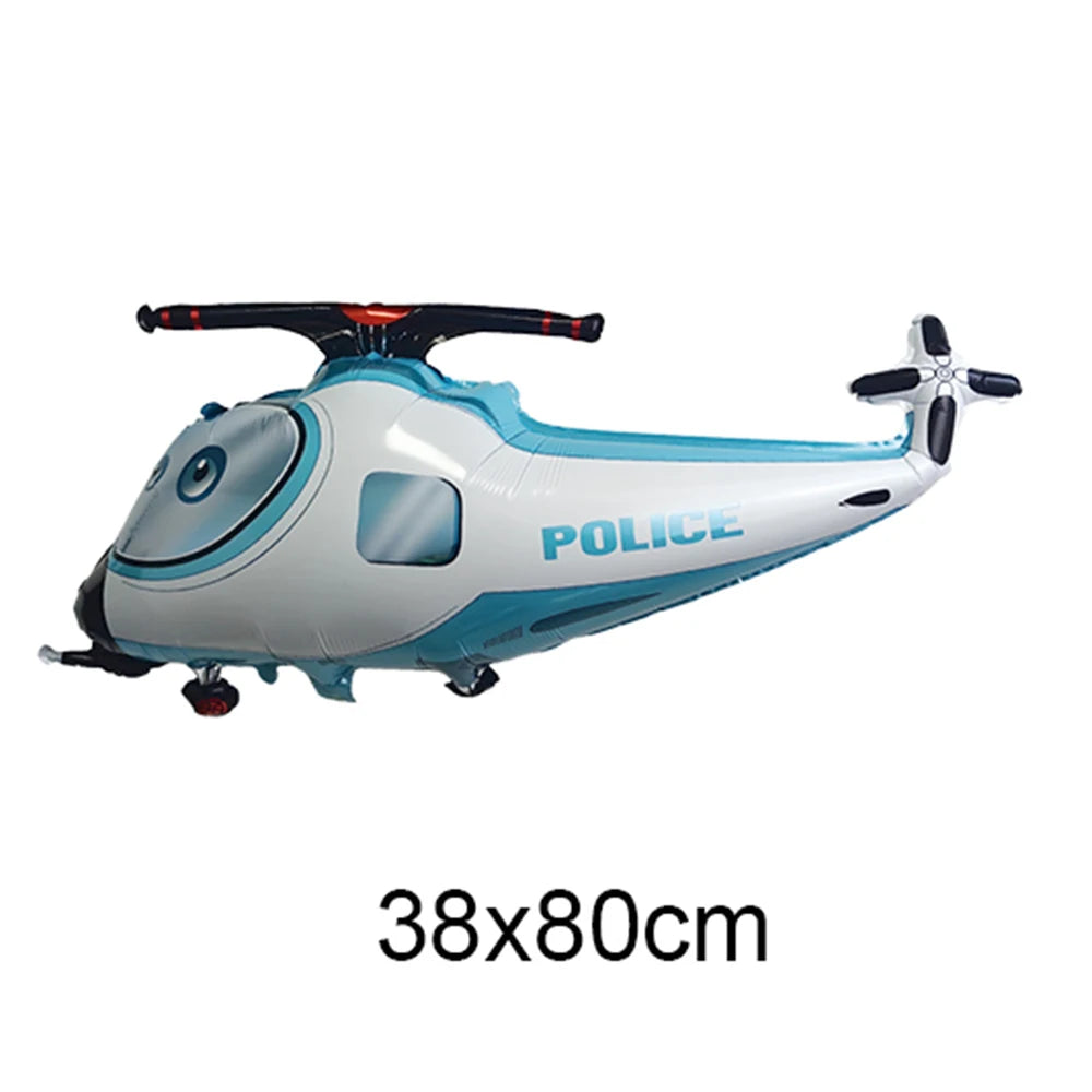 A white and light blue foil balloon plane model decorated with the word POLICE, shown in a side view.