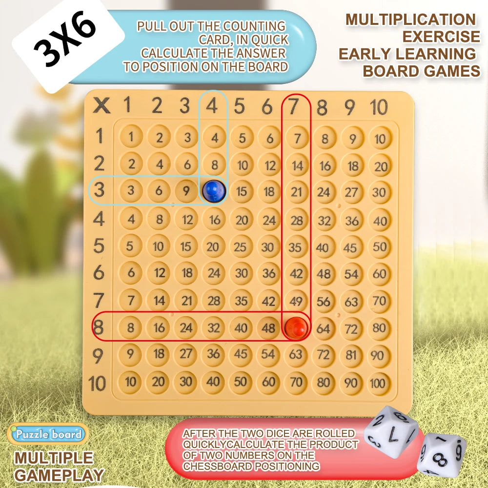 A multiplication math board game featuring a numbered grid and cards for learning multiplication skills.