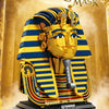 A detailed building block set of an Egyptian Pharaoh Golden Mask featuring gold and blue stripes.
