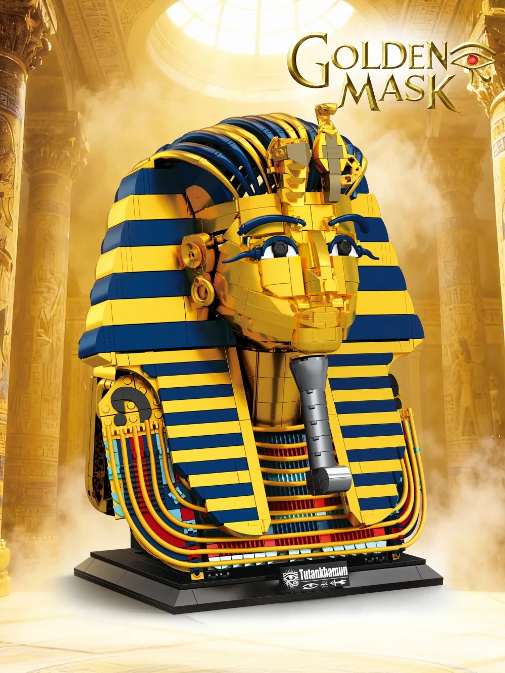 A detailed building block set of an Egyptian Pharaoh Golden Mask featuring gold and blue stripes.