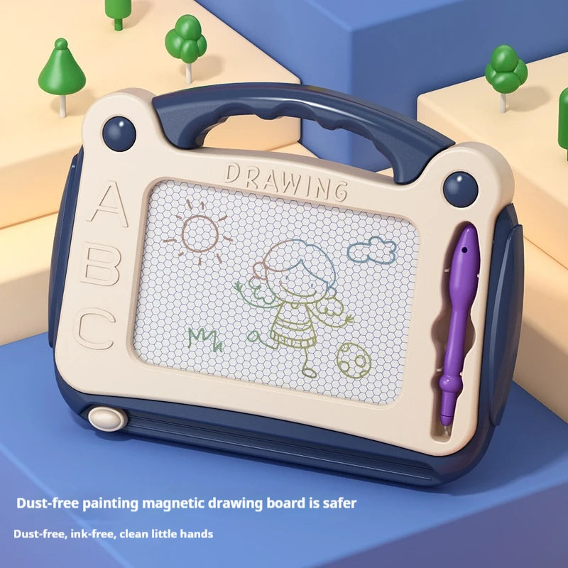 A light beige magnetic drawing board for kids featuring a clear grid and a purple marker.