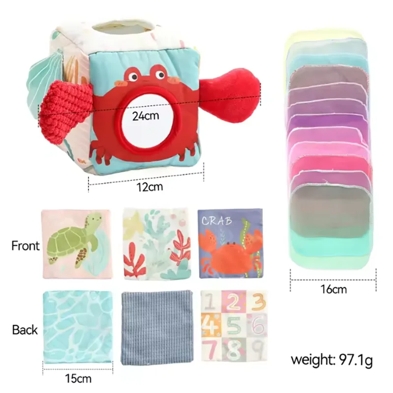 A silicone teething toy featuring a frog design with various colored silicone parts and a clear plastic tray.