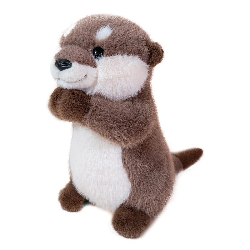 A brown and white magnetic otter plush toy with soft fur.