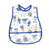 A white baby bib with a blue trim featuring a cartoon pattern of various robots and scientific elements.