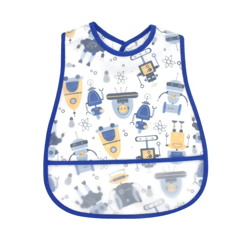 A white baby bib with a blue trim featuring a cartoon pattern of various robots and scientific elements.